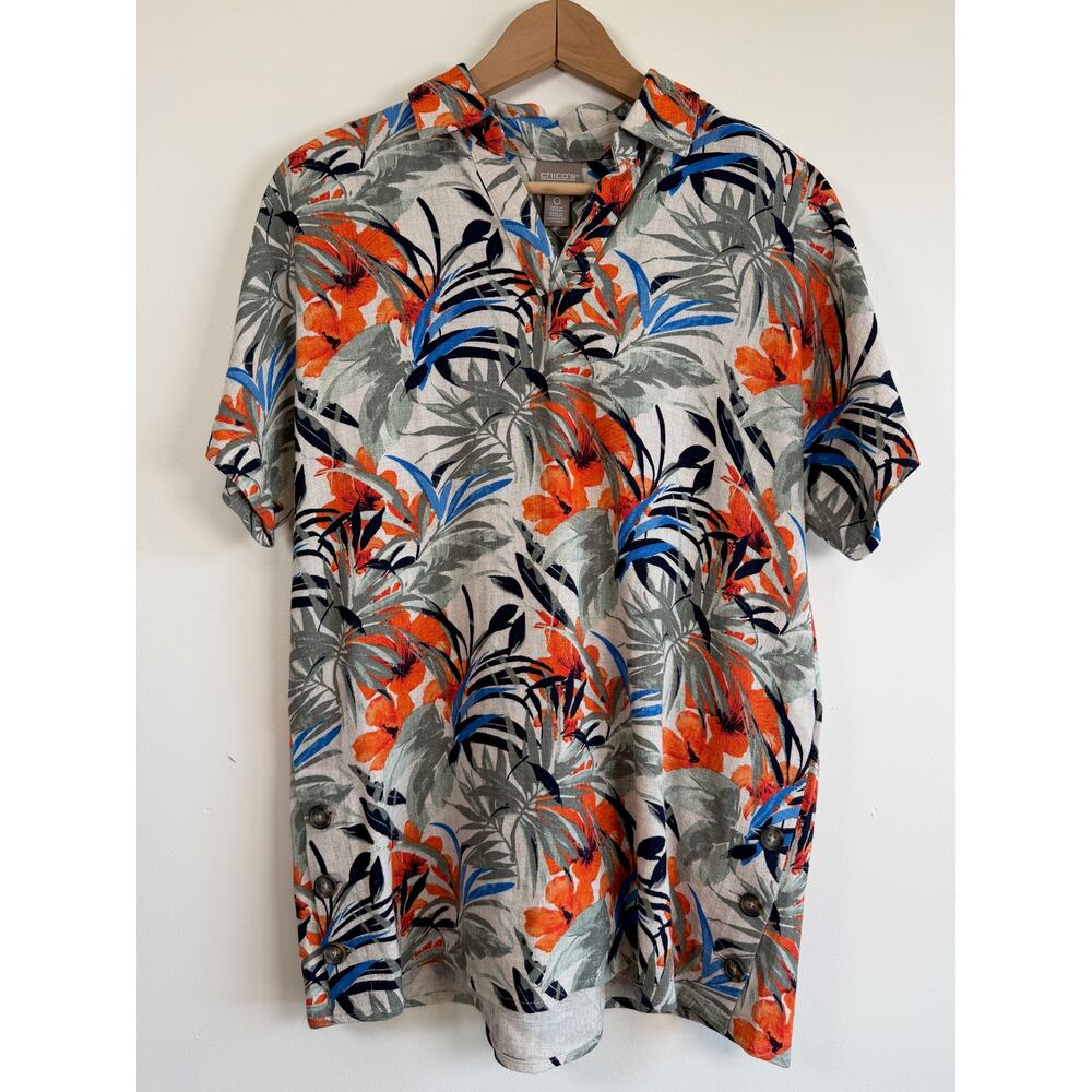 Chico's Multicolor Rayon Linen Tropical Floral Blouse Top Size 0 Coastal Resort